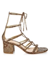 GIANVITO ROSSI WOMEN'S DALLAS SNAKESKIN-EMBOSSED METALLIC LEATHER LACE-UP SANDALS,0400011871272