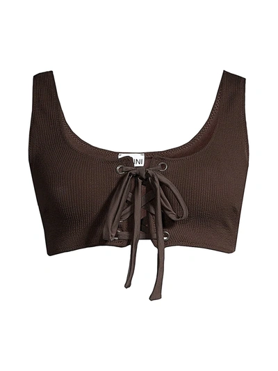 Ganni Ribbed Lace-up Bikini Top In Dark Brown