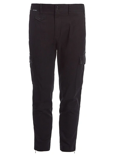 Dolce & Gabbana Stretch Cotton Cargo Pants With Patch Embellishment In Blue