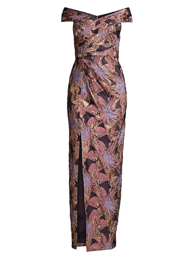 Aidan Mattox Floral Jacquard Off-the-shoulder Ruched Column Gown In Mink Rose