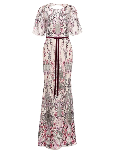 Marchesa Notte Embellished Floral-embroidered Gown In Lilac