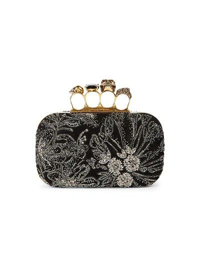 Alexander Mcqueen Skull Four-ring Beaded Leather Box Clutch In Neutral