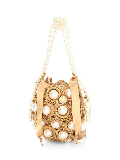 Alameda Turquesa Mini Hana Faux Pearl Woven Top Handle Bag In Gold