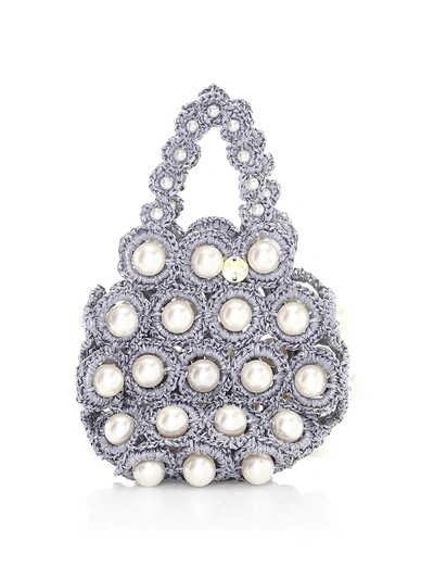 Alameda Turquesa Hana Faux Pearl & Raffia Top Handle Bag In Silver