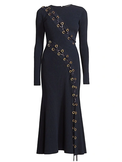 Alexander Mcqueen Lace-up Leather-trimmed Ribbed-knit Midi Dress In Navy