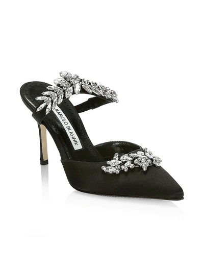 Manolo Blahnik Women's Lurum 90mm Crystal-embellished Satin Mules In Black