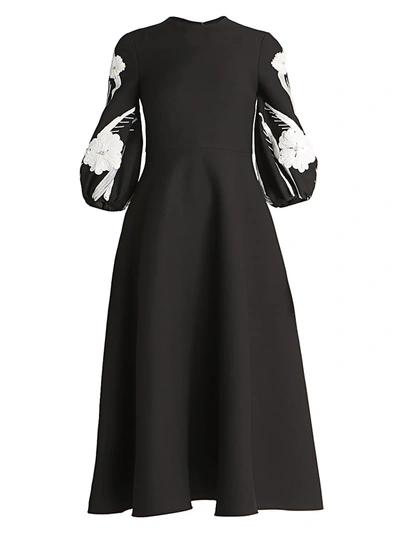 Valentino Women's Embellished Puff-sleeve Virgin-wool & Silk Flare Dress In Black/ivory