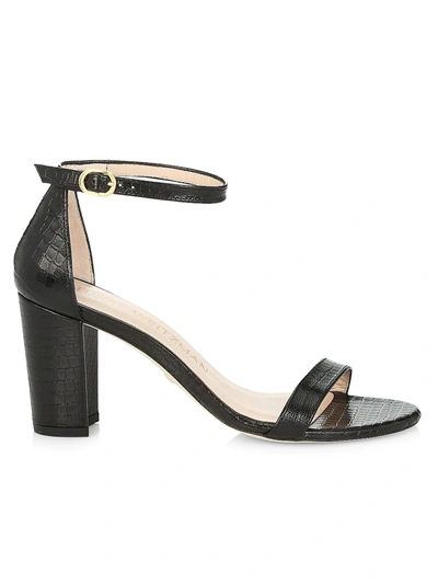Stuart Weitzman Nearlynude Block-heel Croc-embossed Leather Sandals In Black