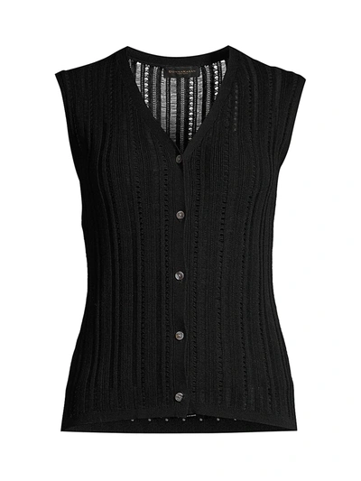 Donna Karan Sleeveless Button-front Loose-weave Knit Top In Black