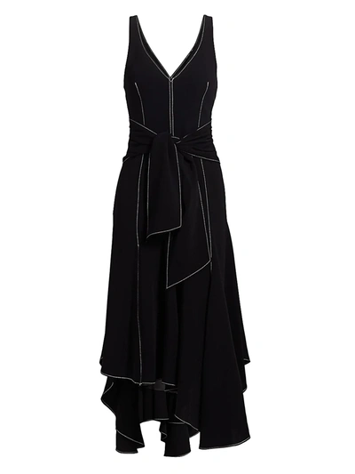 Cinq À Sept Stasia Topstitch Knotted Midi Dress In Black/ivory