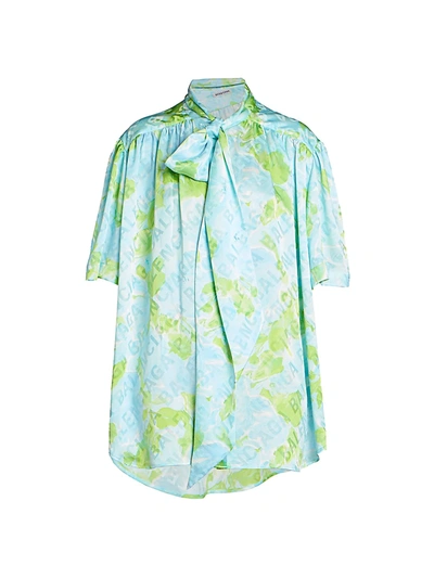Balenciaga Floral Silk Jacquard Short-sleeve Turtleneck Blouse In Blue Green