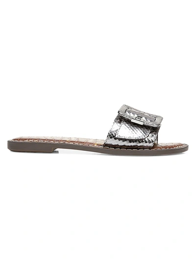 Sam Edelman Women's Granada Flat Snakeskin-embossed Metallic Sandals In Pewter