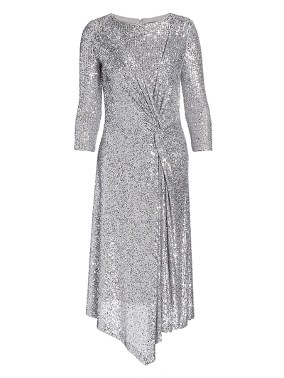 St John Starlight Sequin Mesh Side Knot Midi Dress In Silver Light Grey