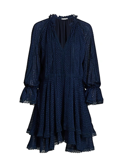 Alice And Olivia Joanne Tiered Lace-trimmed Fil Coupé Chiffon Mini Dress In Sapphire