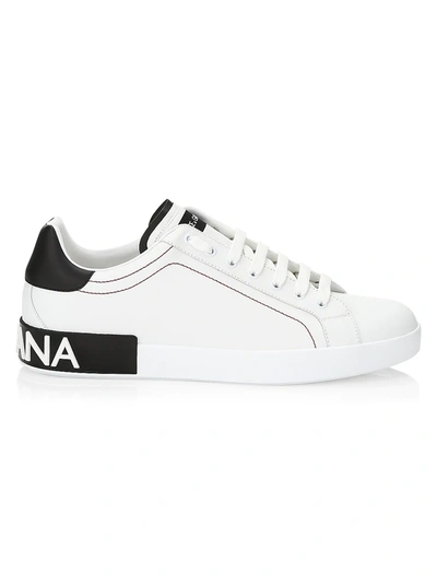 Dolce & Gabbana Portofino White Low Top Sneakers With Patch Logo And Red Stitching In Smooth Leather Man