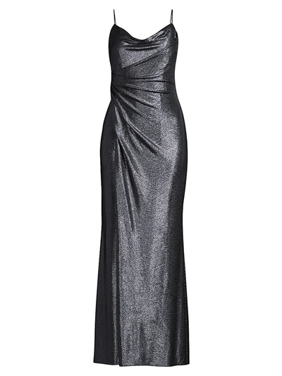 Aidan Mattox Metallic Cowlneck Gown In Blue Black