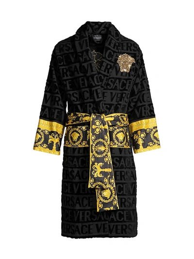Versace Logo Toweling Baroque Bathrobe In Black Gold