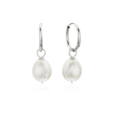 Lily & Roo Silver Large Pearl Drop Hoop Earrings In Metallic