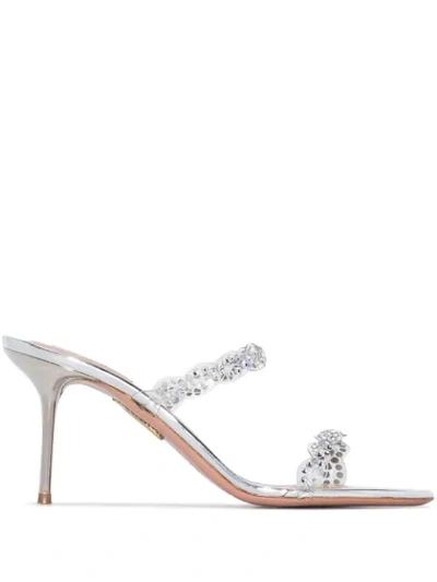 Aquazzura Heaven 75 Crystal-embellished Pvc And Metallic Leather Mules In Silver