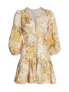 ZIMMERMANN AMELIE FLORAL PUFF-SLEEVE CORSET LINEN DRESS,400012691915