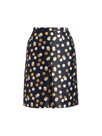 Akris Punto Gold Leaf Dot Front Pleat Skirt In Navy Gold Sake