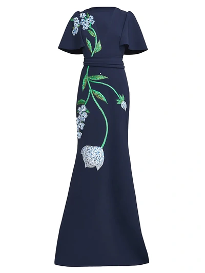 Lela Rose Women's Garden Embellished Flutter-sleeve Belted Gown In Navy