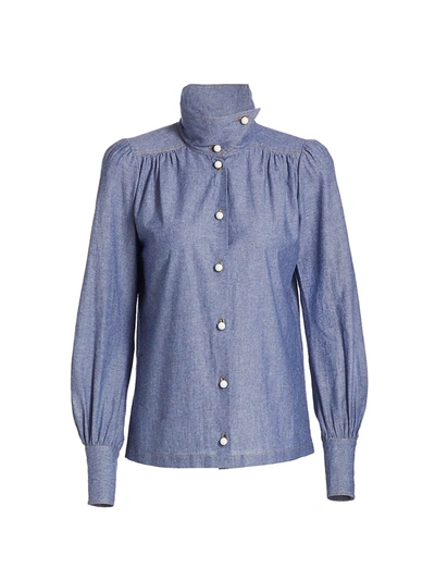 Anna Mason Women's Star Chambray Highneck Blouse In Blue Chambray