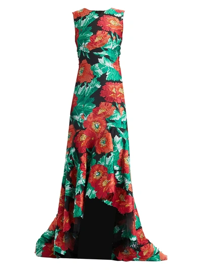Oscar De La Renta Sleeveless Floral Jacquard High-low Gown In Black Cherry Floral