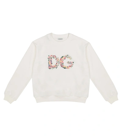 Dolce & Gabbana Kids' Crew Neck Sweatshirt In Jersey With Dg Flowers Embroidery In White