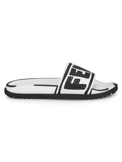 Fendi Men's Logo Stamp Pool Slide Sandals In Snow Nero