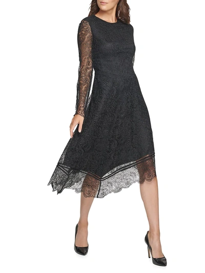 Donna Karan Lace Long-sleeve Asymmetrical Dress In Black