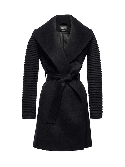 Sentaler Mid-length Shawl Collar Rib-knit Cuff Wrap Coat In Black