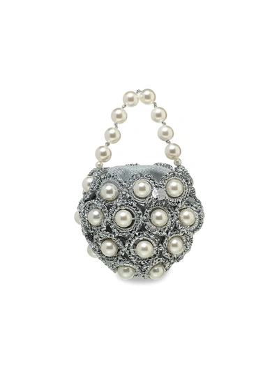 Alameda Turquesa The Life Of The Party Silvie Faux Pearl & Woven Clutch In Silver