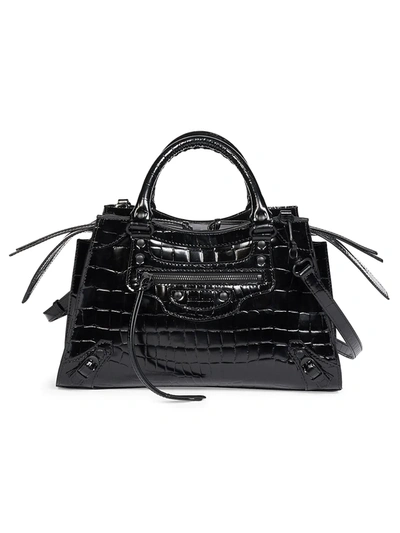 Balenciaga Neo Classic City Croc Embossed Leather Top Handle Bag In 1000 Black