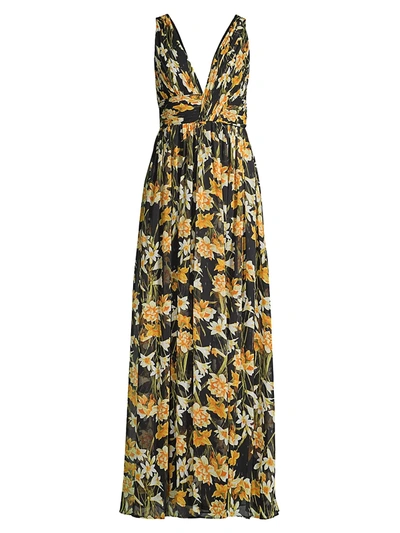 Aidan Mattox Printed Slit Maxi Dress In Black Multi