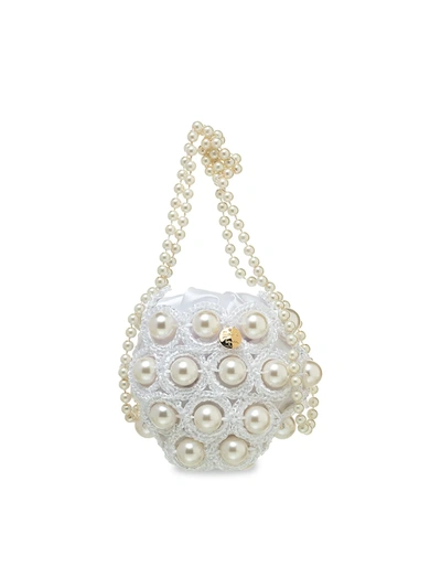 Alameda Turquesa Mini Hana Faux Pearl Woven Top Handle Bag In White