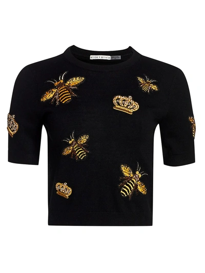 Alice And Olivia Ciara Bee Embellished Pullover In Black/multi