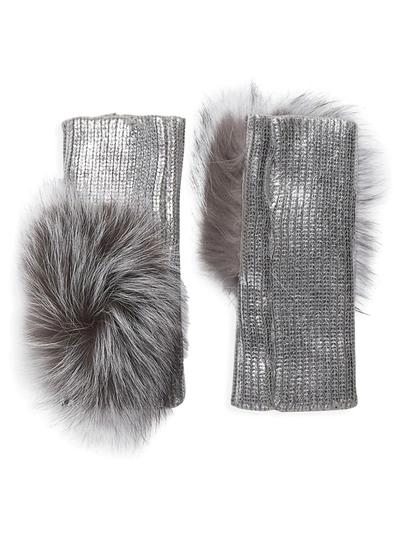 Adrienne Landau Fox Fur Pom-pom Metallic Knit Arm Warmers In Silver