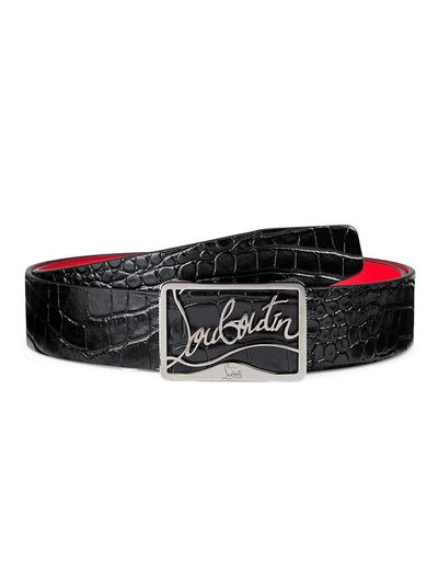 Christian Louboutin Men's Ricky Croc-embossed Leather Belt In Black/silver