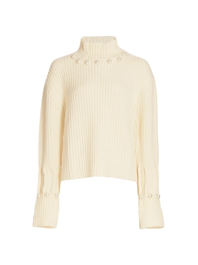 Jw Anderson Women's Faux Pearl Ribbed Mockneck Wool & Cashmere Sweater In Off White