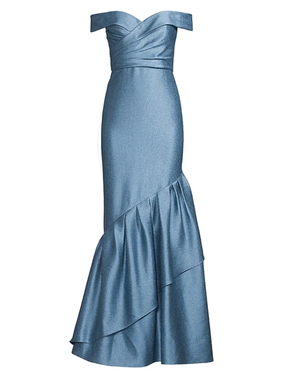 Aidan Mattox Women's Off-the-shoulder Ruffle Satin Gown In Stormy Sky