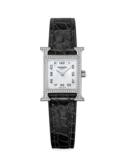 Hermes Heure H 21mm Stainless Steel, Diamond & Alligator Strap Watch In Black
