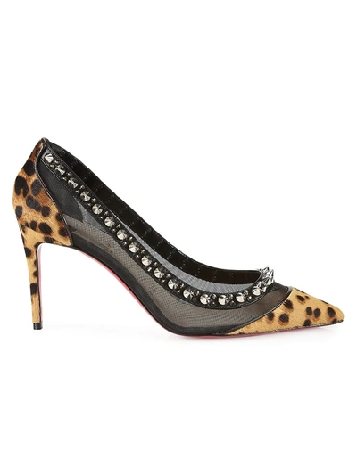 Christian Louboutin Galatavi Spikes Leather-trimmed Leopard-print Calf Hair And Mesh Pumps In Version Brown Silver