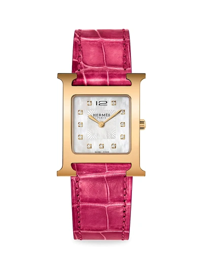 Hermes Women's Heure H 30mm Rose Goldplated Steel, Diamond & Alligator Strap Watch