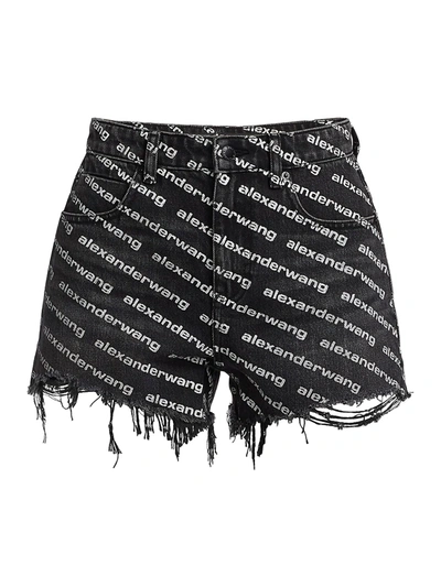 Alexander Wang T Bite Logo Print Denim Shorts In Grey Aged White