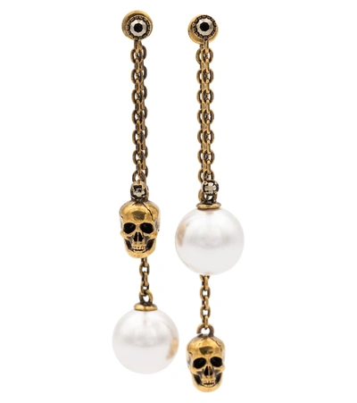 Alexander Mcqueen Pearl-embellished Skull Pendant Earrings In Gold