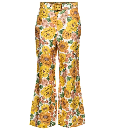 Zimmermann Belted Poppy-print Linen Flared-leg Trousers In Multi-colour