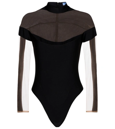 Mugler Paneled Mesh Bodysuit In Black