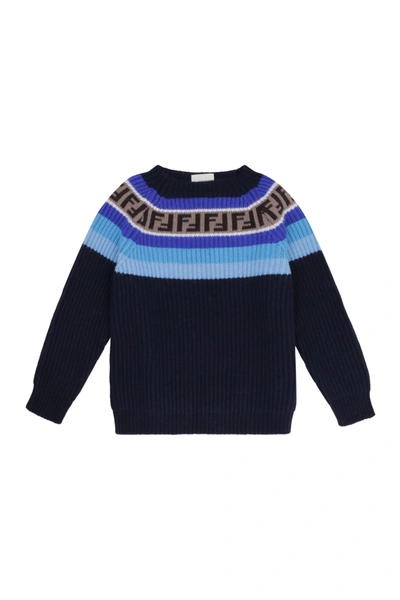 Fendi Kids' Knit Wool Blend Pullover In Blue