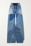 TOM FORD LEATHER-TRIMMED DISTRESSED PATCHWORK HIGH-RISE WIDE-LEG JEANS
